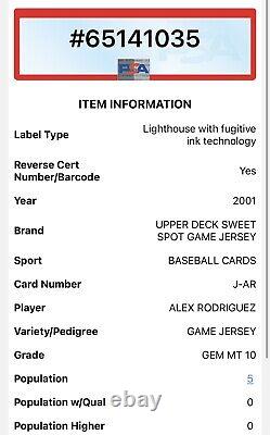 2001 UD Upper Deck Sweet Spot Alex Rodriguez #J-AR Game-Used Jersey PSA 10 Gem