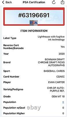 2020 Bowman Draft Evan Carter RC AUTO PURPLE REFRACTOR /250 ON CARD PSA 10 GEM