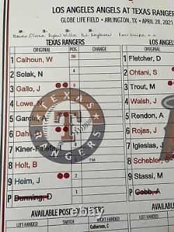 Game Used Angels, Rangers Lineup Card. Shohei Ohtani, Mike Trout, Albert Pujols