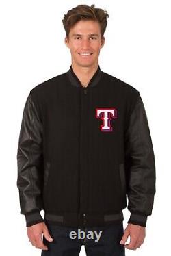 MLB Texas Rangers Wool Leather Reversible Jacket Front Patch Logos Black JHD