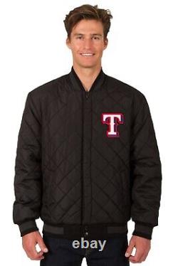 MLB Texas Rangers Wool Leather Reversible Jacket Front Patch Logos Black JHD