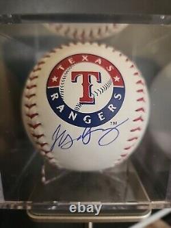 Michael Young Signed Rangers Logo Baseball