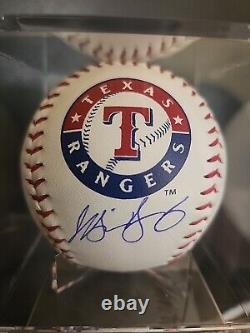 Michael Young Signed Rangers Logo Baseball